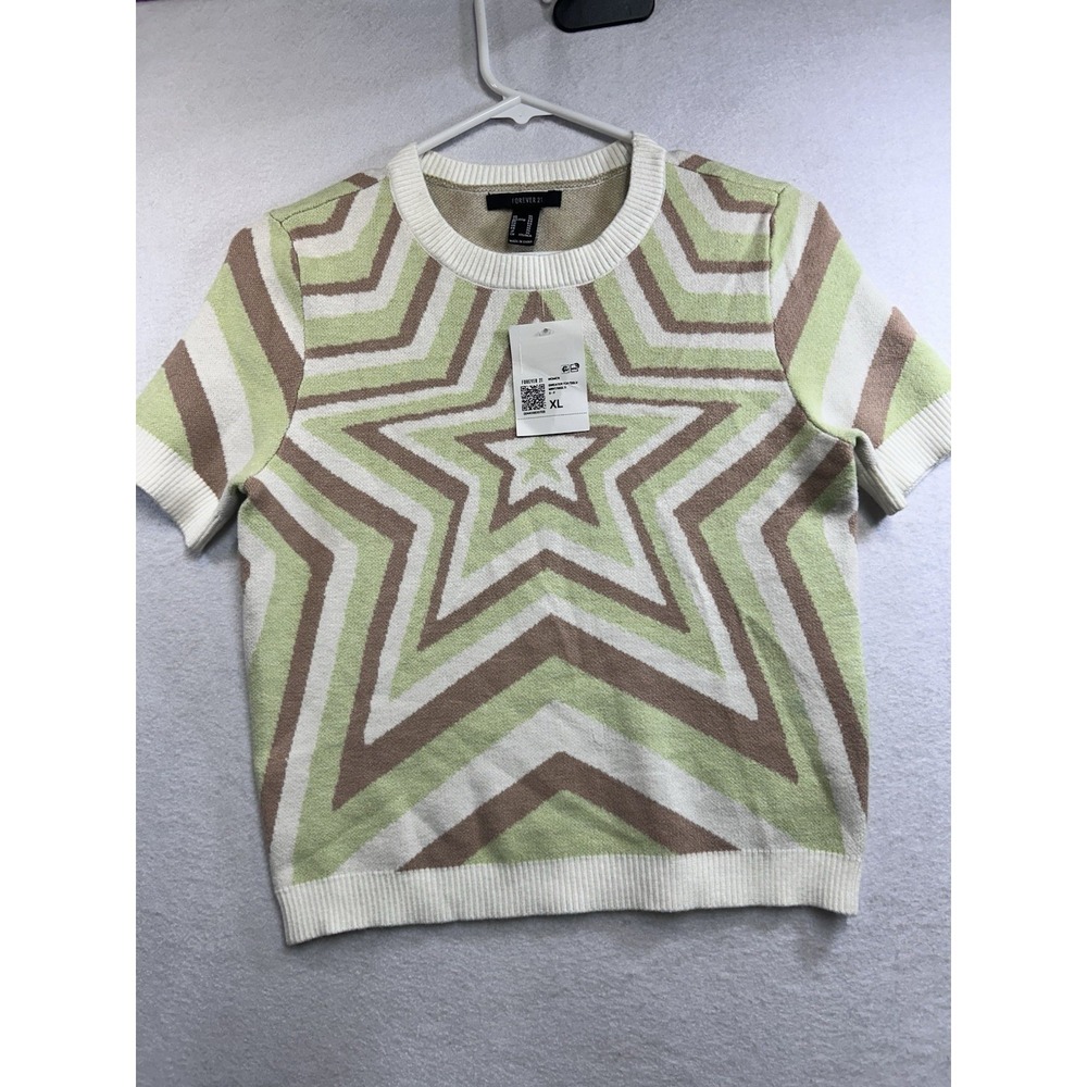 Forever 21 Womens Knit Pullover Sweater Crew Neck Geometric Stars Green XL NWT